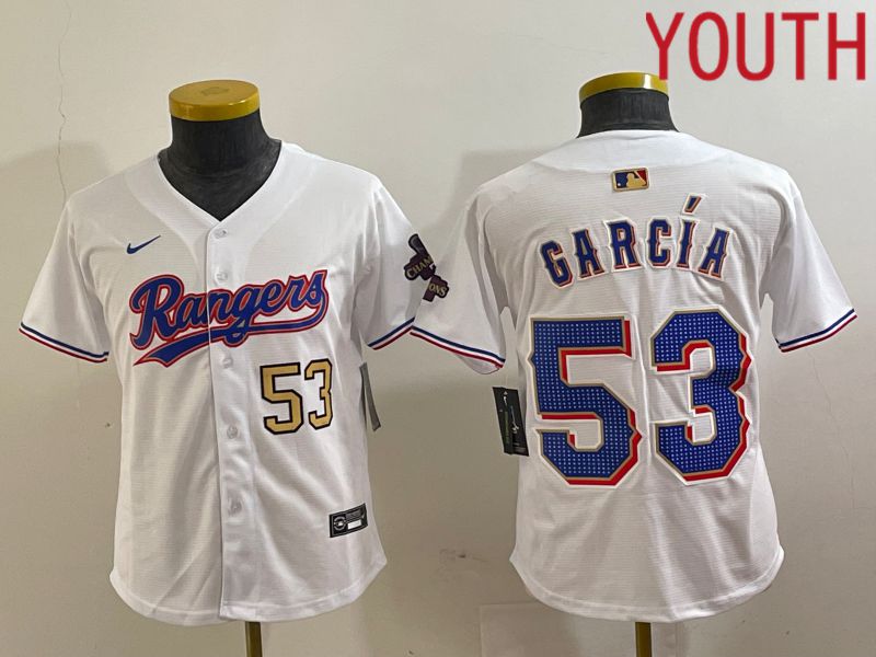 Youth Texas Rangers 53 Garcia White Champion Game Nike 2024 MLB Jersey style 3